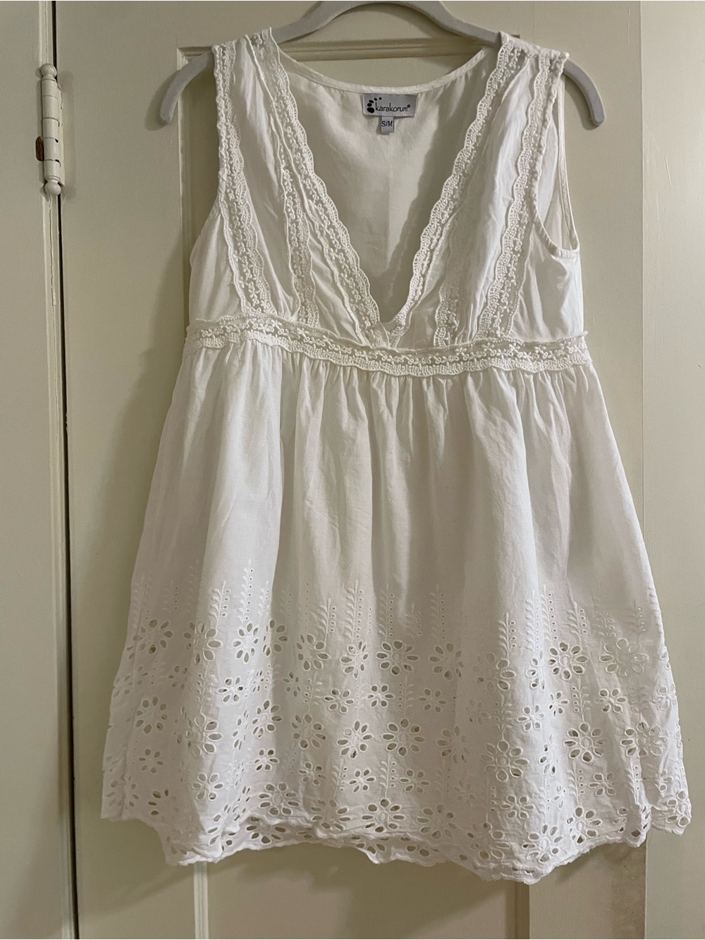 White Eyelet Mini Dress - Sleeveless V-Neck